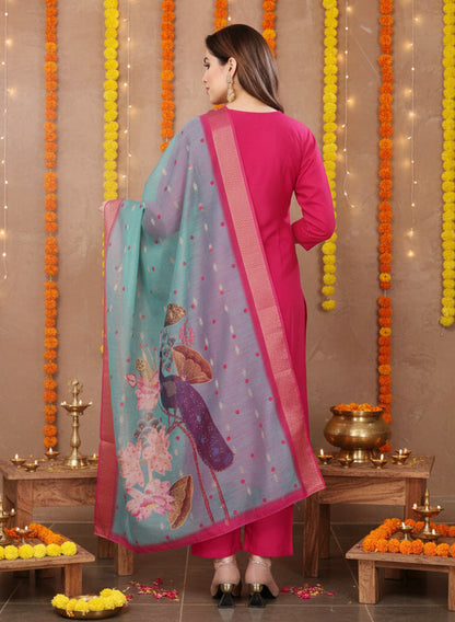 Raani Color Vertical Silk Kurta Pant Set with Digital Chanderi Jacquard Dupatta