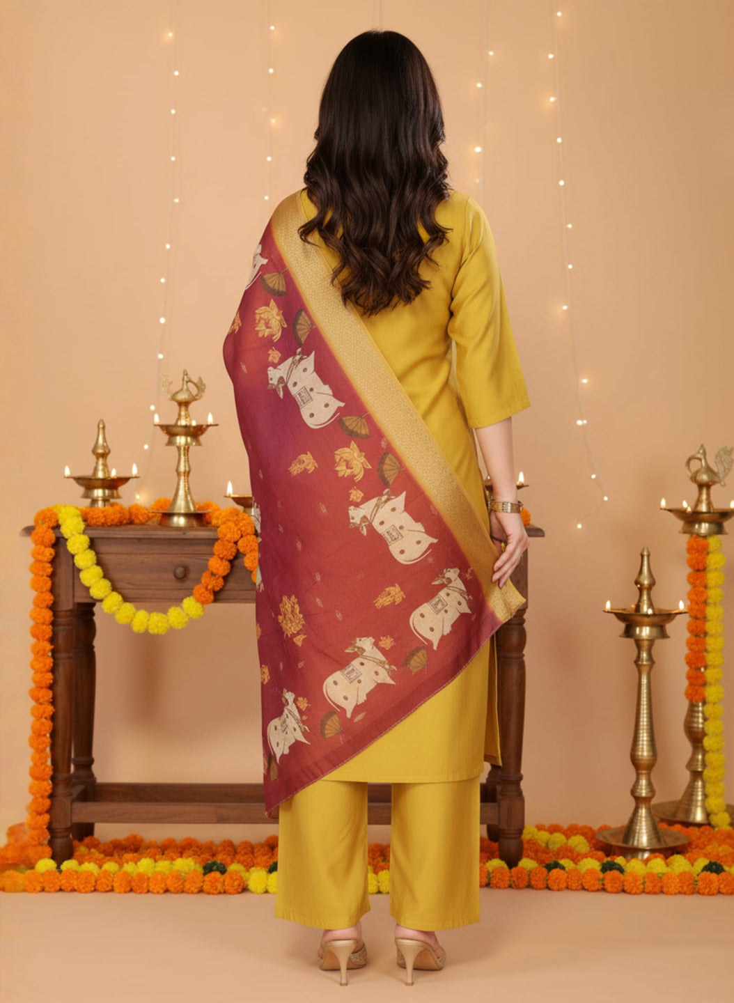 Yellow Color Vertical Silk Kurta Pant Set with Digital Chanderi Jacquard Dupatta