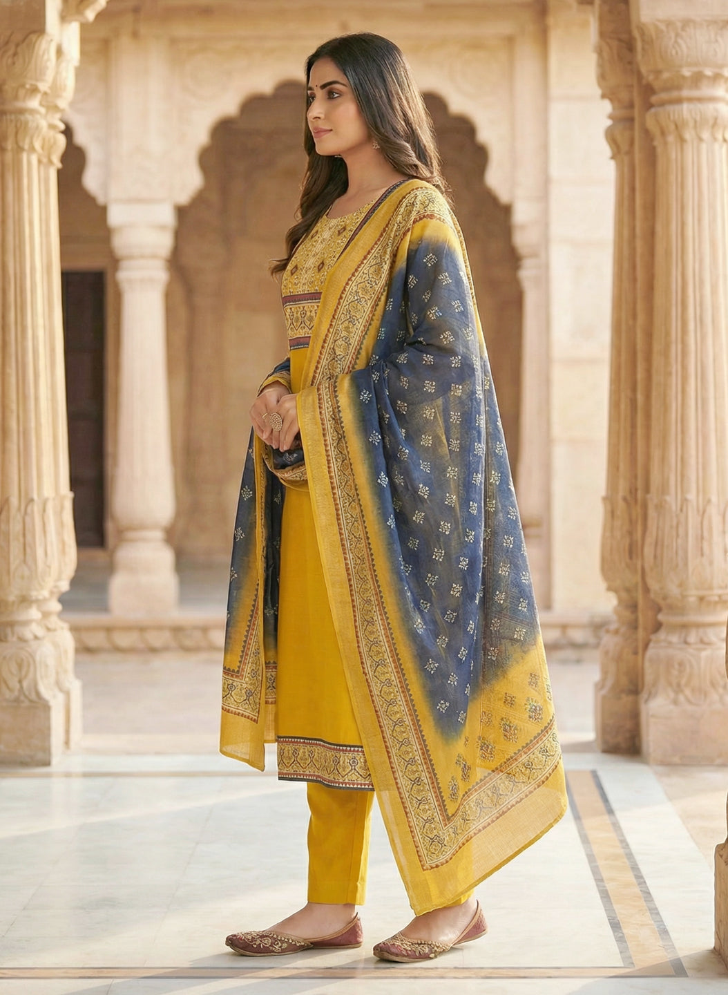 Yellow Color Gadwal Silk Kurta Pant Set with Handwork Yoke & Digital Jacquard Dupatta