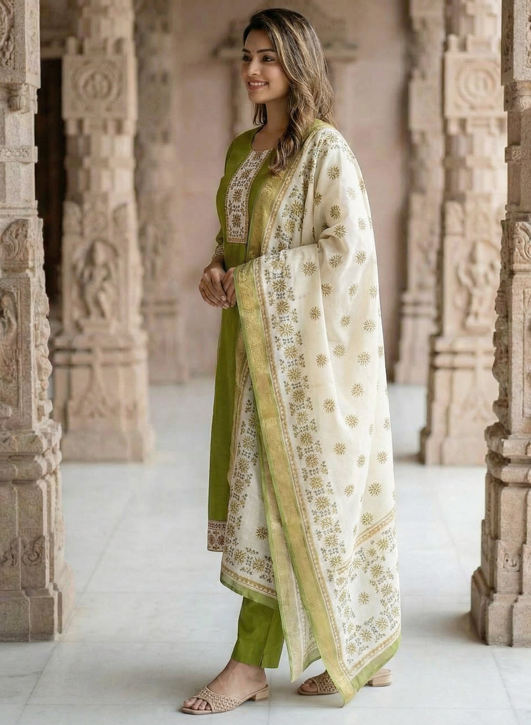 Mehndi Color Gadwal Silk Kurta Pant Set with Handwork Yoke & Digital Jacquard Dupatta