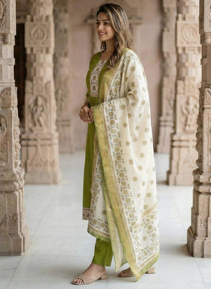 Mehndi Color Gadwal Silk Kurta Pant Set with Handwork Yoke & Digital Jacquard Dupatta