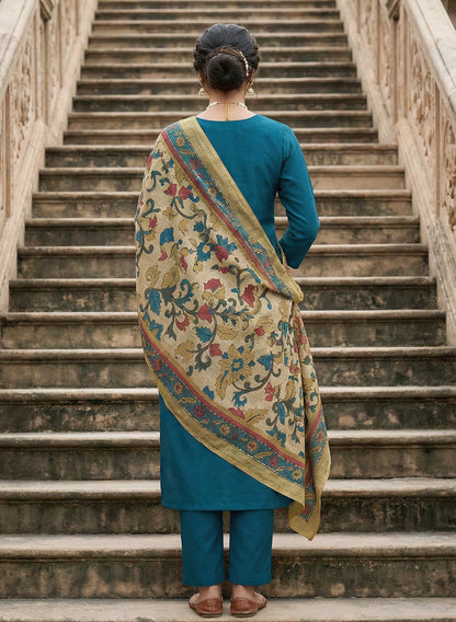 Roman Silk Royal Blue Kurta Pant Set with Digital Print Dupatta
