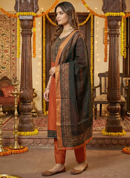 Orange Color Gadwal Silk Kurta Pant Set with Handwork Yoke & Digital Jacquard Dupatta