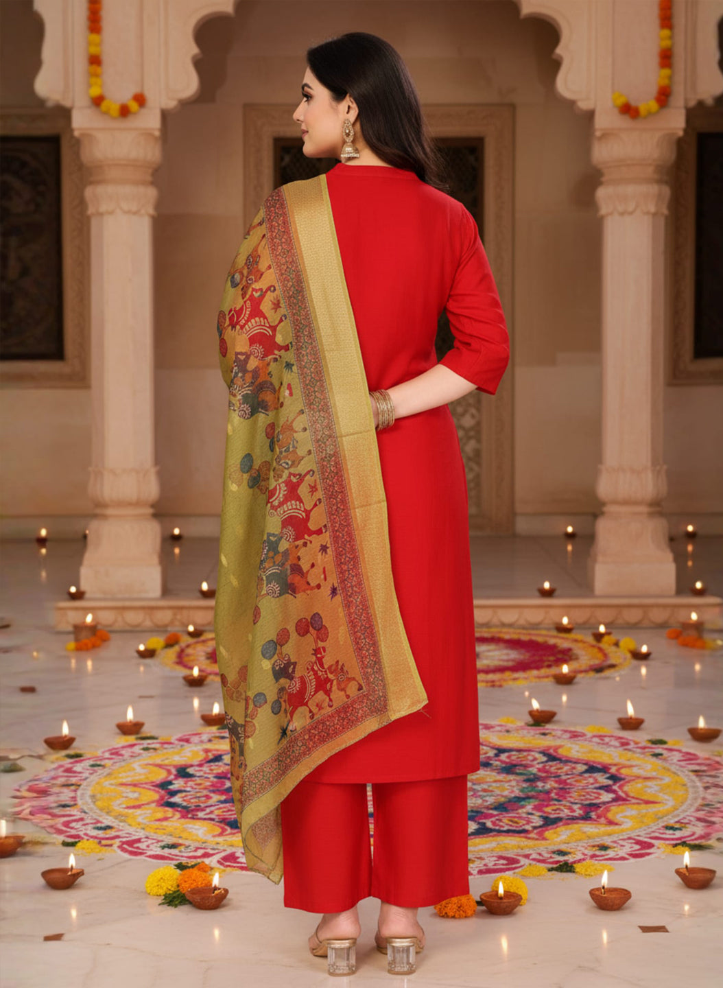 Red Color Vertical Silk Kurta Pant Set with Digital Chanderi Jacquard Dupatta