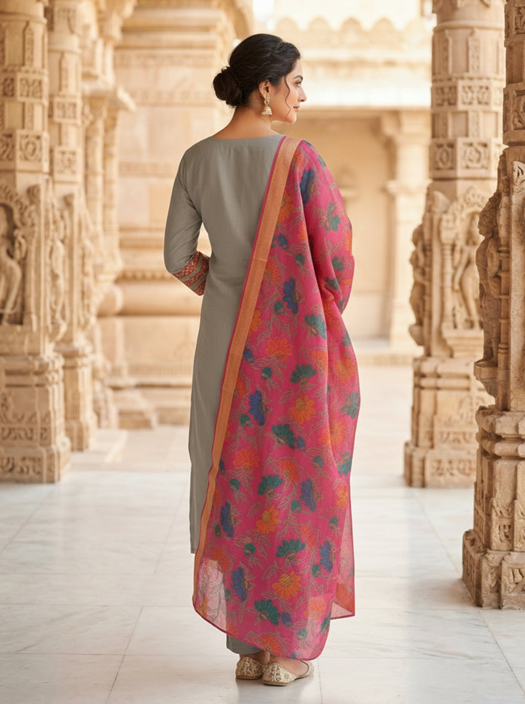 Roman Silk Embroidered Gray Kurta Pant Set with Jacquard Border Dupatta