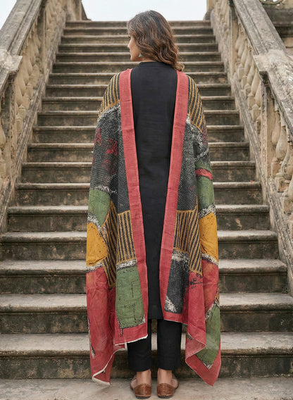 Roman Silk Black Kurta Pant Set with Digital Print Dupatta