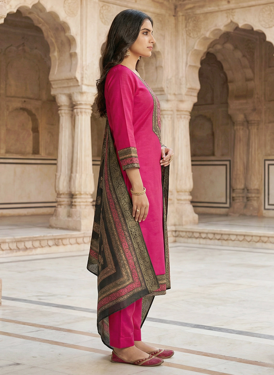 Raani Color Gadwal Silk Kurta Pant Set with Handwork Yoke & Digital Jacquard Dupatta