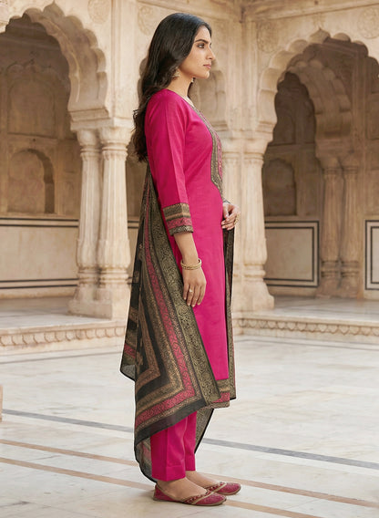 Raani Color Gadwal Silk Kurta Pant Set with Handwork Yoke & Digital Jacquard Dupatta