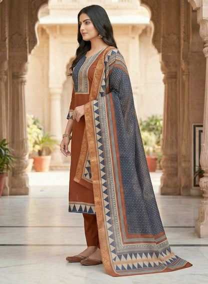 Rust Color Gadwal Silk Kurta Pant Set with Handwork Yoke & Digital Jacquard DupattaColor Gadwal Silk Kurta Pant Set with Handwork Yoke & Digital Jacquard Dupatta