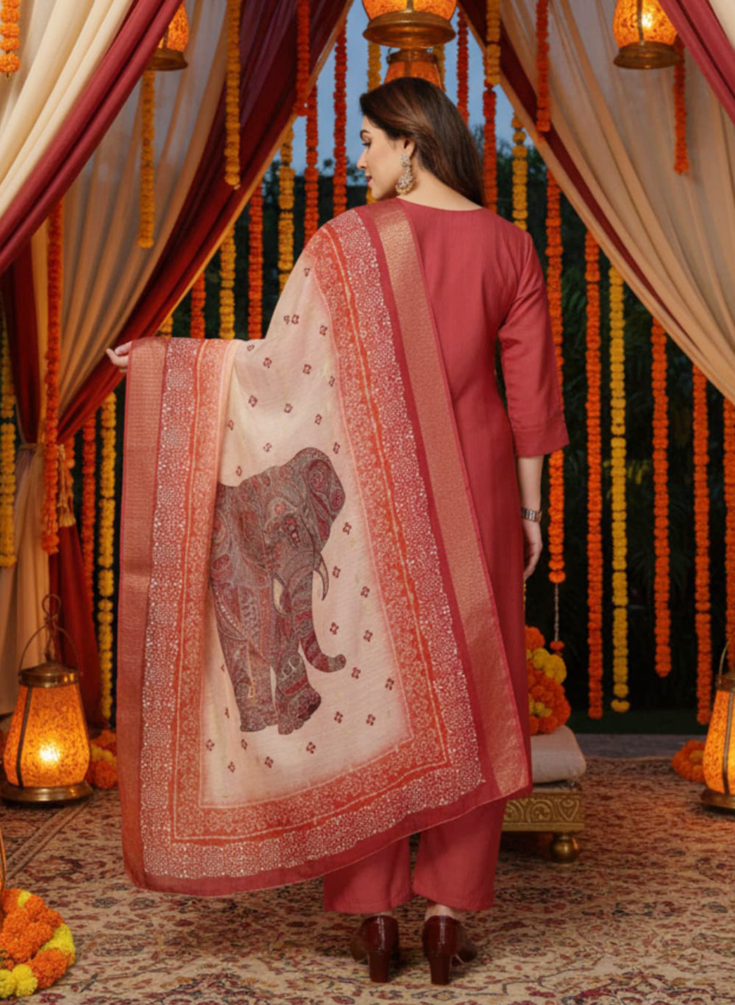 Gajri Color Vertical Silk Kurta Pant Set with Digital Chanderi Jacquard Dupatta