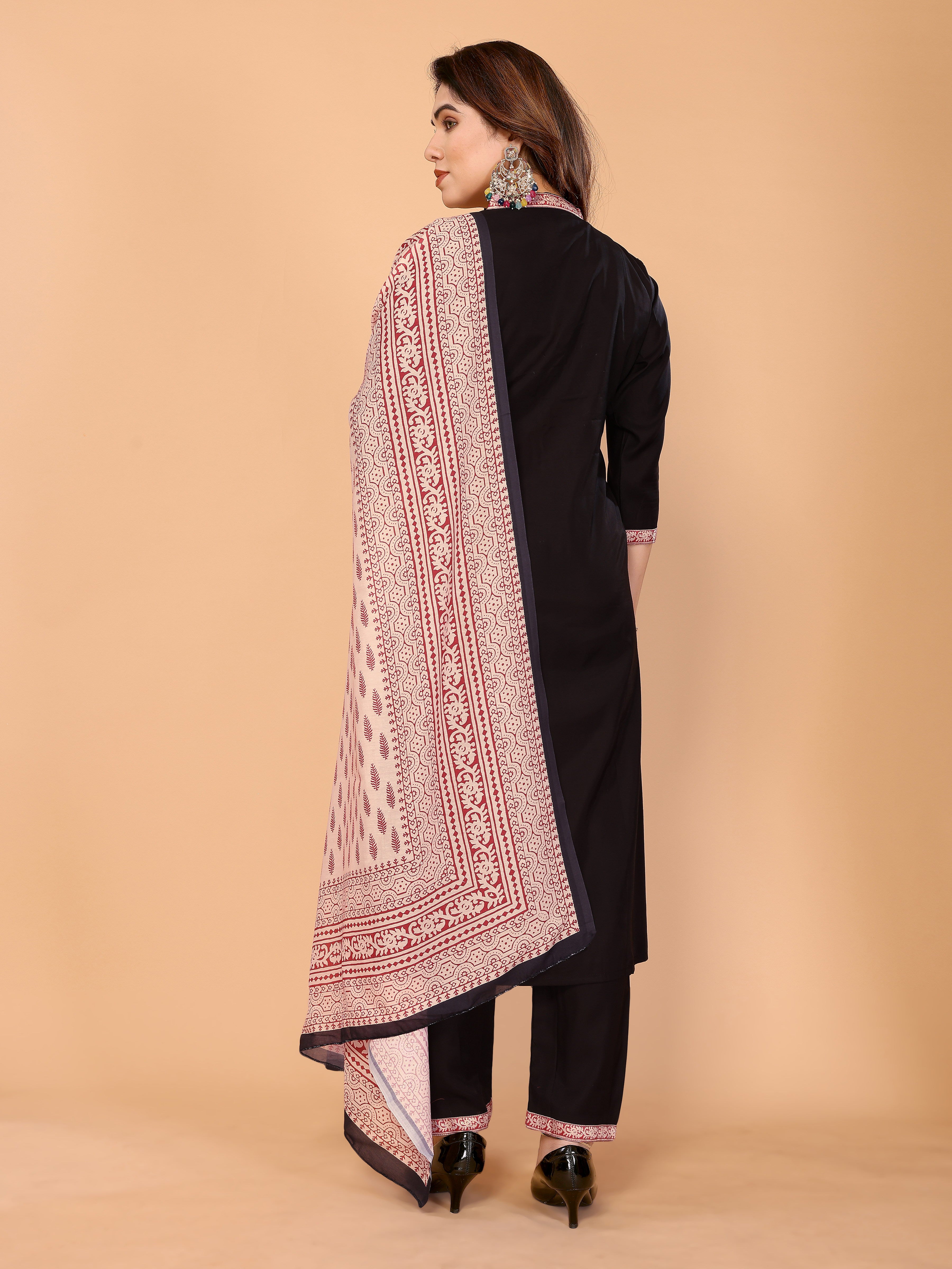 Roman Silk Kurta Pant Set with Ajrakh Muslin Dupatta, Block Print & Handwork