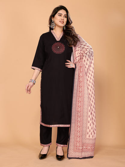 Roman Silk Kurta Pant Set with Ajrakh Muslin Dupatta, Block Print & Handwork