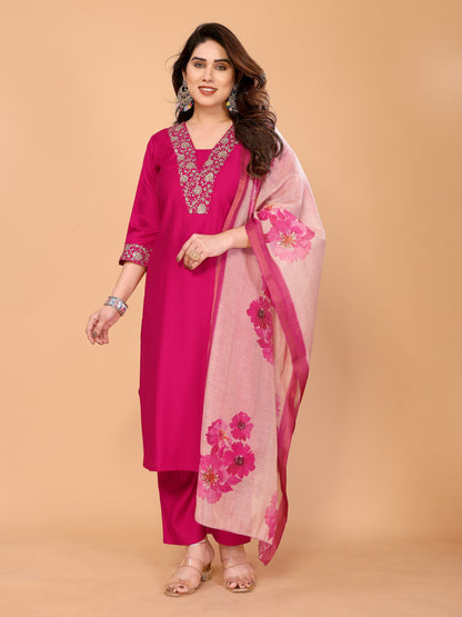 Vertical Silk Kurta Pant Set with Embroidery & Digital Bamboo Silk Dupatta