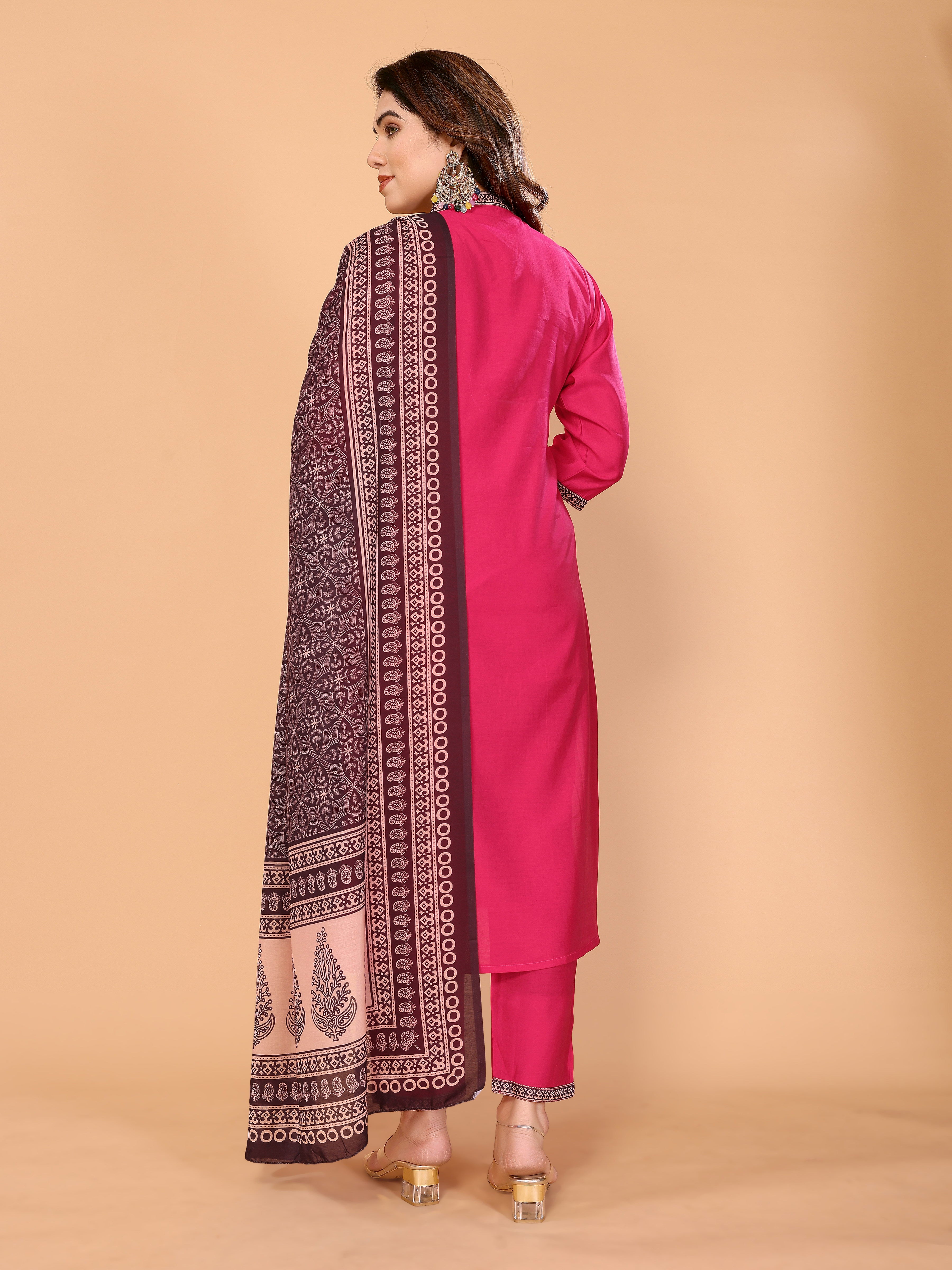Roman Silk Kurta Pant Set with Ajrakh Muslin Dupatta, Pink Print & Handwork