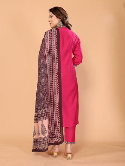 Roman Silk Kurta Pant Set with Ajrakh Muslin Dupatta, Pink Print & Handwork