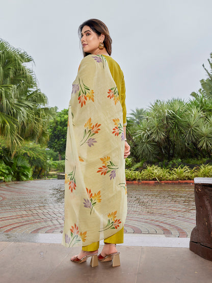 Vertical Silk Embroidered Mustard yellow Kurta Pant Set with Brush Print Dupatta