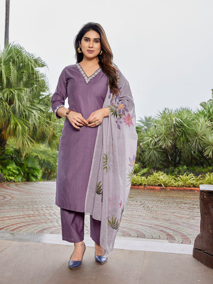 Vertical Silk Embroidered Purple Kurta Pant Set with Brush Print Dupatta