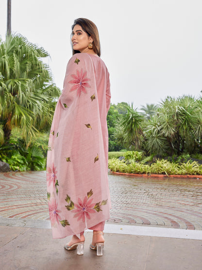 Vertical Silk Embroidered Blush Pink Kurta Pant Set with Brush Print Dupatta