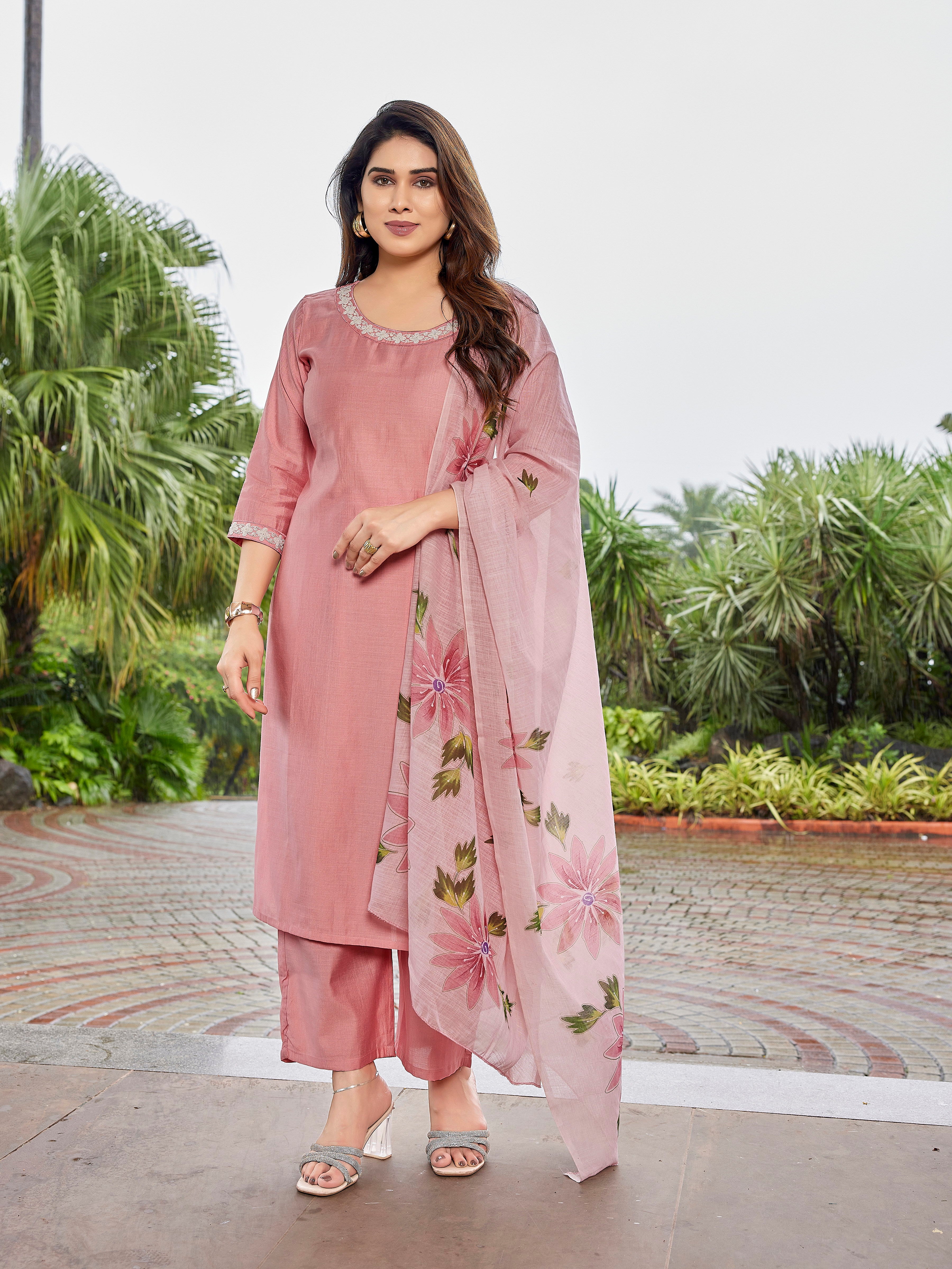 Vertical Silk Embroidered Blush Pink Kurta Pant Set with Brush Print Dupatta