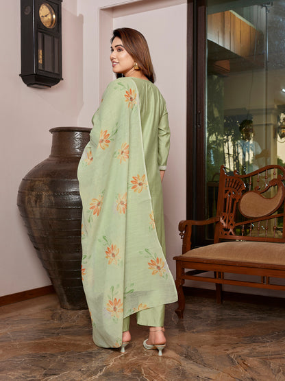 Vertical Silk Embroidered Green Kurta Pant Set with Brush Print Dupatta